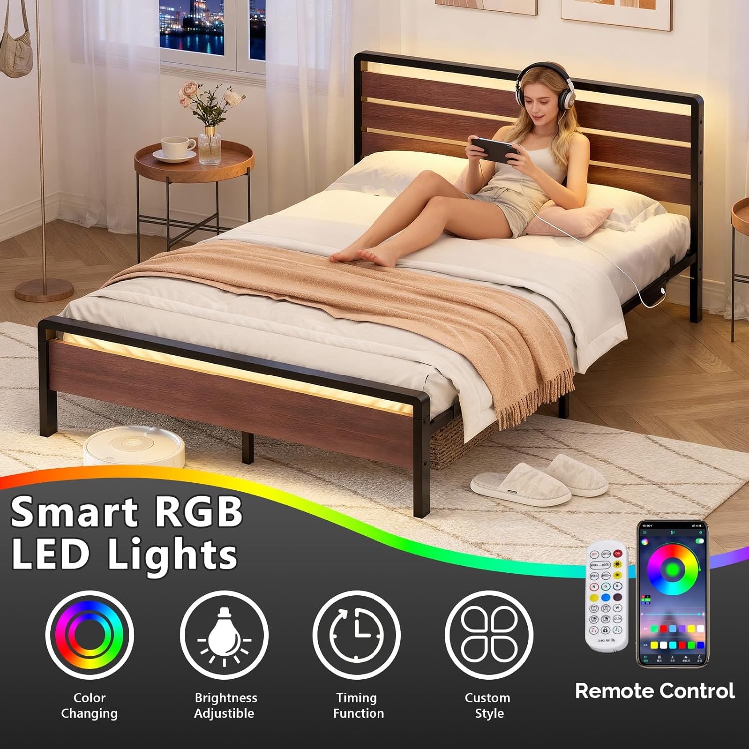 image:imageVINGLI Queen Platform Bed Frame with Wood Headboard amp Footboard 12Inch UnderBed Storage Space LED 2 AC 2 USB 1 TypeC Charging Port Sturdy Metal NoiseFree Design Modern Apartment BedroomBlackMahogany Brown