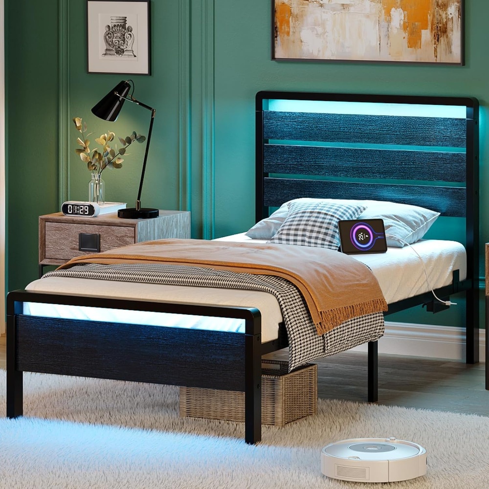 image:imageVINGLI Queen Platform Bed Frame with Wood Headboard amp Footboard 12Inch UnderBed Storage Space LED 2 AC 2 USB 1 TypeC Charging Port Sturdy Metal NoiseFree Design Modern Apartment BedroomBlackBlack