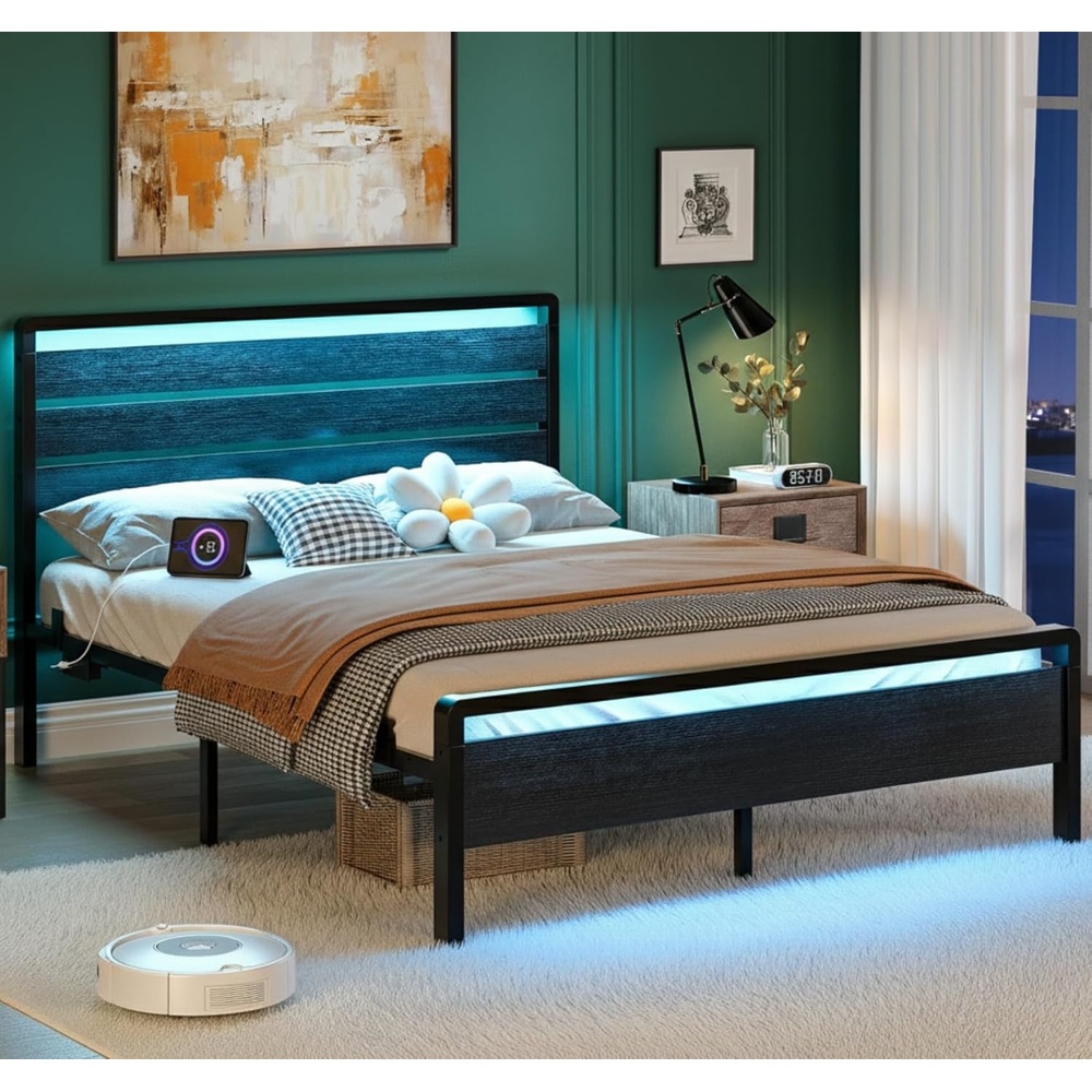 image:imageVINGLI Queen Platform Bed Frame with Wood Headboard amp Footboard 12Inch UnderBed Storage Space LED 2 AC 2 USB 1 TypeC Charging Port Sturdy Metal NoiseFree Design Modern Apartment BedroomBlackClassic Black