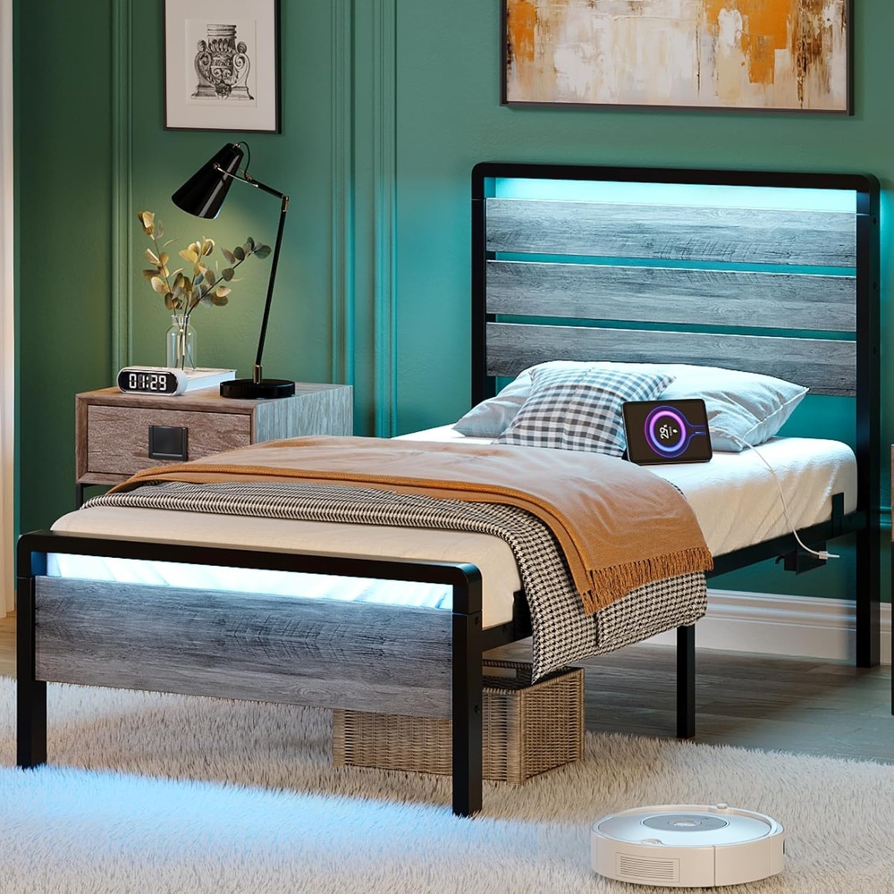 image:imageVINGLI Queen Platform Bed Frame with Wood Headboard amp Footboard 12Inch UnderBed Storage Space LED 2 AC 2 USB 1 TypeC Charging Port Sturdy Metal NoiseFree Design Modern Apartment BedroomBlackWash Gray