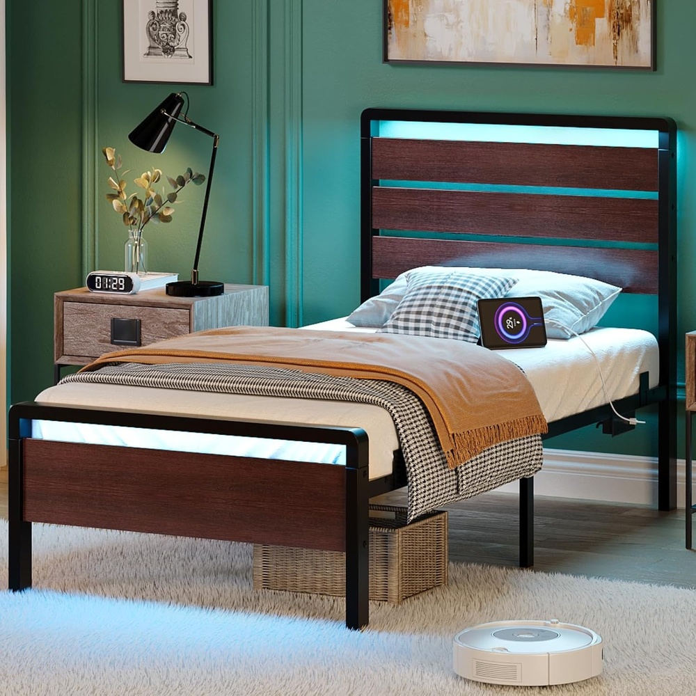 image:imageVINGLI Queen Platform Bed Frame with Wood Headboard amp Footboard 12Inch UnderBed Storage Space LED 2 AC 2 USB 1 TypeC Charging Port Sturdy Metal NoiseFree Design Modern Apartment BedroomBlackMahogany Brown