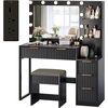 image:imageVINGLI Fluted Makeup Vanity Desk with Mirror amp Lights amp Power Outlet Small Vanity Table w 7 Drawers amp 4 Storage ShelvesOak Modern Dressing Table Set Charging Station for BedroomBlack