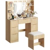 image:imageVINGLI Fluted Makeup Vanity Desk with Mirror amp Lights amp Power Outlet Small Vanity Table w 7 Drawers amp 4 Storage ShelvesOak Modern Dressing Table Set Charging Station for BedroomOak