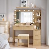image:imageVINGLI Fluted Makeup Vanity Desk with Mirror amp Lights amp Power Outlet Small Vanity Table w 7 Drawers amp 4 Storage ShelvesOak Modern Dressing Table Set Charging Station for BedroomOak