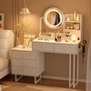 image:imageVINGLI Fluted Makeup Vanity Desk with Mirror amp Lights amp Power Outlet Small Vanity Table w 7 Drawers amp 4 Storage ShelvesOak Modern Dressing Table Set Charging Station for BedroomWhite