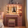 image:imageVINGLI Fluted Makeup Vanity Desk with Mirror amp Lights amp Power Outlet Small Vanity Table w 7 Drawers amp 4 Storage ShelvesOak Modern Dressing Table Set Charging Station for BedroomPink