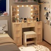 image:imageVINGLI Fluted Makeup Vanity Desk with Mirror amp Lights amp Power Outlet Small Vanity Table w 7 Drawers amp 4 Storage ShelvesOak Modern Dressing Table Set Charging Station for BedroomOak