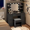 image:imageVINGLI Fluted Makeup Vanity Desk with Mirror amp Lights amp Power Outlet Small Vanity Table w 7 Drawers amp 4 Storage ShelvesOak Modern Dressing Table Set Charging Station for BedroomBlack