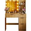 image:imageVINGLI Fluted Makeup Vanity Desk with Mirror amp Lights amp Power Outlet Small Vanity Table w 7 Drawers amp 4 Storage ShelvesOak Modern Dressing Table Set Charging Station for BedroomOak