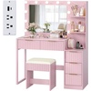 image:imageVINGLI Fluted Makeup Vanity Desk with Mirror amp Lights amp Power Outlet Small Vanity Table w 7 Drawers amp 4 Storage ShelvesOak Modern Dressing Table Set Charging Station for BedroomPink
