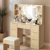 image:imageVINGLI Fluted Makeup Vanity Desk with Mirror amp Lights amp Power Outlet Small Vanity Table w 7 Drawers amp 4 Storage ShelvesOak Modern Dressing Table Set Charging Station for BedroomOak