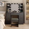 image:imageVINGLI Fluted Makeup Vanity Desk with Mirror amp Lights amp Power Outlet Small Vanity Table w 7 Drawers amp 4 Storage ShelvesOak Modern Dressing Table Set Charging Station for BedroomBlack