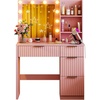 image:imageVINGLI Fluted Makeup Vanity Desk with Mirror amp Lights amp Power Outlet Small Vanity Table w 7 Drawers amp 4 Storage ShelvesOak Modern Dressing Table Set Charging Station for BedroomPink
