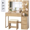image:imageVINGLI Fluted Makeup Vanity Desk with Mirror amp Lights amp Power Outlet Small Vanity Table w 7 Drawers amp 4 Storage ShelvesOak Modern Dressing Table Set Charging Station for BedroomOak