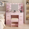 image:imageVINGLI Fluted Makeup Vanity Desk with Mirror amp Lights amp Power Outlet Small Vanity Table w 7 Drawers amp 4 Storage ShelvesOak Modern Dressing Table Set Charging Station for BedroomPink