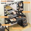 image:imageVINGLI Fluted Makeup Vanity Desk with Mirror amp Lights amp Power Outlet Small Vanity Table w 7 Drawers amp 4 Storage ShelvesOak Modern Dressing Table Set Charging Station for BedroomBlack