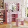 image:imageVINGLI Fluted Makeup Vanity Desk with Mirror amp Lights amp Power Outlet Small Vanity Table w 7 Drawers amp 4 Storage ShelvesOak Modern Dressing Table Set Charging Station for BedroomPink