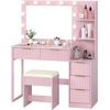 image:imageVINGLI Fluted Makeup Vanity Desk with Mirror amp Lights amp Power Outlet Small Vanity Table w 7 Drawers amp 4 Storage ShelvesOak Modern Dressing Table Set Charging Station for BedroomPink