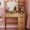 image:imageVINGLI Fluted Makeup Vanity Desk with Mirror amp Lights amp Power Outlet Small Vanity Table w 7 Drawers amp 4 Storage ShelvesOak Modern Dressing Table Set Charging Station for BedroomOak
