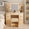 image:imageVINGLI Fluted Makeup Vanity Desk with Mirror amp Lights amp Power Outlet Small Vanity Table w 7 Drawers amp 4 Storage ShelvesOak Modern Dressing Table Set Charging Station for BedroomOak