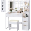 image:imageVINGLI Fluted Makeup Vanity Desk with Mirror amp Lights amp Power Outlet Small Vanity Table w 7 Drawers amp 4 Storage ShelvesOak Modern Dressing Table Set Charging Station for BedroomWhite
