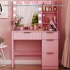 image:imageVINGLI Fluted Makeup Vanity Desk with Mirror amp Lights amp Power Outlet Small Vanity Table w 7 Drawers amp 4 Storage ShelvesOak Modern Dressing Table Set Charging Station for BedroomPink