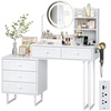 image:imageVINGLI Fluted Makeup Vanity Desk with Mirror amp Lights amp Power Outlet Small Vanity Table w 7 Drawers amp 4 Storage ShelvesOak Modern Dressing Table Set Charging Station for BedroomWhite