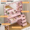 image:imageVINGLI Fluted Makeup Vanity Desk with Mirror amp Lights amp Power Outlet Small Vanity Table w 7 Drawers amp 4 Storage ShelvesOak Modern Dressing Table Set Charging Station for BedroomPink