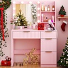 image:imageVINGLI Fluted Makeup Vanity Desk with Mirror amp Lights amp Power Outlet Small Vanity Table w 7 Drawers amp 4 Storage ShelvesOak Modern Dressing Table Set Charging Station for BedroomPink