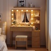 image:imageVINGLI Fluted Makeup Vanity Desk with Mirror amp Lights amp Power Outlet Small Vanity Table w 7 Drawers amp 4 Storage ShelvesOak Modern Dressing Table Set Charging Station for BedroomOak