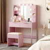 image:imageVINGLI Fluted Makeup Vanity Desk with Mirror and Lights and Stools Small Vanity Table with Bench Chair amp 2 Drawers amp 4 Storage Shelves White Dressing Table Set for Girls BedroomPink