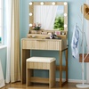 image:imageVINGLI Fluted Makeup Vanity Desk with Mirror and Lights and Stools Small Vanity Table with Bench Chair amp 2 Drawers amp 4 Storage Shelves White Dressing Table Set for Girls BedroomOak