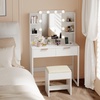 image:imageVINGLI Fluted Makeup Vanity Desk with Mirror and Lights and Stools Small Vanity Table with Bench Chair amp 2 Drawers amp 4 Storage Shelves White Dressing Table Set for Girls BedroomWhite