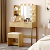 image:imageVINGLI Fluted Makeup Vanity Desk with Mirror and Lights and Stools Small Vanity Table with Bench Chair amp 2 Drawers amp 4 Storage Shelves White Dressing Table Set for Girls BedroomOak