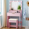 image:imageVINGLI Fluted Makeup Vanity Desk with Mirror and Lights and Stools Small Vanity Table with Bench Chair amp 2 Drawers amp 4 Storage Shelves White Dressing Table Set for Girls BedroomPink