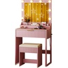image:imageVINGLI Fluted Makeup Vanity Desk with Mirror and Lights and Stools Small Vanity Table with Bench Chair amp 2 Drawers amp 4 Storage Shelves White Dressing Table Set for Girls BedroomPink