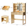 image:imageVINGLI Fluted Makeup Vanity Desk with Mirror and Lights and Stools Small Vanity Table with Bench Chair amp 2 Drawers amp 4 Storage Shelves White Dressing Table Set for Girls BedroomOak