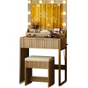 image:imageVINGLI Fluted Makeup Vanity Desk with Mirror and Lights and Stools Small Vanity Table with Bench Chair amp 2 Drawers amp 4 Storage Shelves White Dressing Table Set for Girls BedroomOak