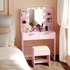 image:imageVINGLI Fluted Makeup Vanity Desk with Mirror and Lights and Stools Small Vanity Table with Bench Chair amp 2 Drawers amp 4 Storage Shelves White Dressing Table Set for Girls BedroomPink
