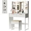 image:imageVINGLI Fluted Makeup Vanity Desk with Mirror and Lights and Stools Small Vanity Table with Bench Chair amp 2 Drawers amp 4 Storage Shelves White Dressing Table Set for Girls BedroomWhite