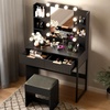 image:imageVINGLI Fluted Makeup Vanity Desk with Mirror and Lights and Stools Small Vanity Table with Bench Chair amp 2 Drawers amp 4 Storage Shelves White Dressing Table Set for Girls BedroomBlack