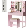 image:imageVINGLI Fluted Makeup Vanity Desk with Mirror and Lights and Stools Small Vanity Table with Bench Chair amp 2 Drawers amp 4 Storage Shelves White Dressing Table Set for Girls BedroomPink