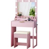 image:imageVINGLI Fluted Makeup Vanity Desk with Mirror and Lights and Stools Small Vanity Table with Bench Chair amp 2 Drawers amp 4 Storage Shelves White Dressing Table Set for Girls BedroomPink