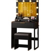 image:imageVINGLI Fluted Makeup Vanity Desk with Mirror and Lights and Stools Small Vanity Table with Bench Chair amp 2 Drawers amp 4 Storage Shelves White Dressing Table Set for Girls BedroomBlack