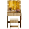 image:imageVINGLI Fluted Makeup Vanity Desk with Mirror and Lights and Stools Small Vanity Table with Bench Chair amp 2 Drawers amp 4 Storage Shelves White Dressing Table Set for Girls BedroomOak