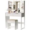 image:imageVINGLI Fluted Makeup Vanity Desk with Mirror and Lights and Stools Small Vanity Table with Bench Chair amp 2 Drawers amp 4 Storage Shelves White Dressing Table Set for Girls BedroomWhite