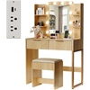 image:imageVINGLI Fluted Makeup Vanity Desk with Mirror and Lights and Stools Small Vanity Table with Bench Chair amp 2 Drawers amp 4 Storage Shelves White Dressing Table Set for Girls BedroomOak