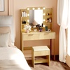 image:imageVINGLI Fluted Makeup Vanity Desk with Mirror and Lights and Stools Small Vanity Table with Bench Chair amp 2 Drawers amp 4 Storage Shelves White Dressing Table Set for Girls BedroomOak