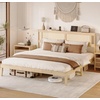 image:imageVINGLI Full Size Platform Bed Frame with Storage Headboard and Charging Station Modern Rattan Wood Bed with Shelves and OttomanSpace Saving Bed Frame for Bedroom or Guest RoomNatural Wood