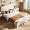 image:imageVINGLI Full Size Platform Bed Frame with Storage Headboard and Charging Station Modern Rattan Wood Bed with Shelves and OttomanSpace Saving Bed Frame for Bedroom or Guest RoomNatural WoodLinen Gray